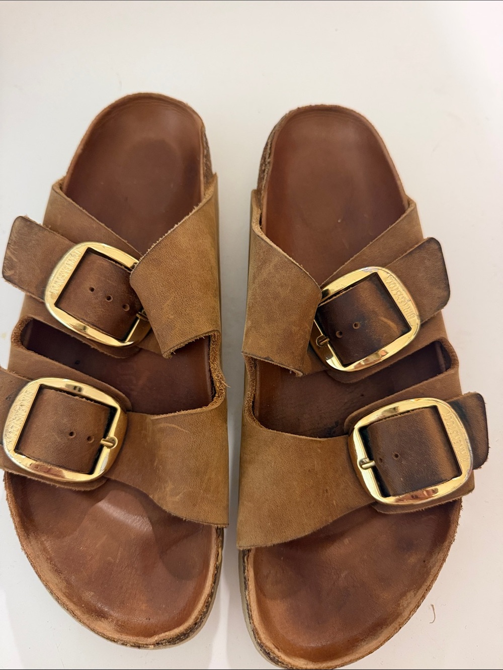 Birkenstock Brown Two-Strap Sandals with Gold Buckles